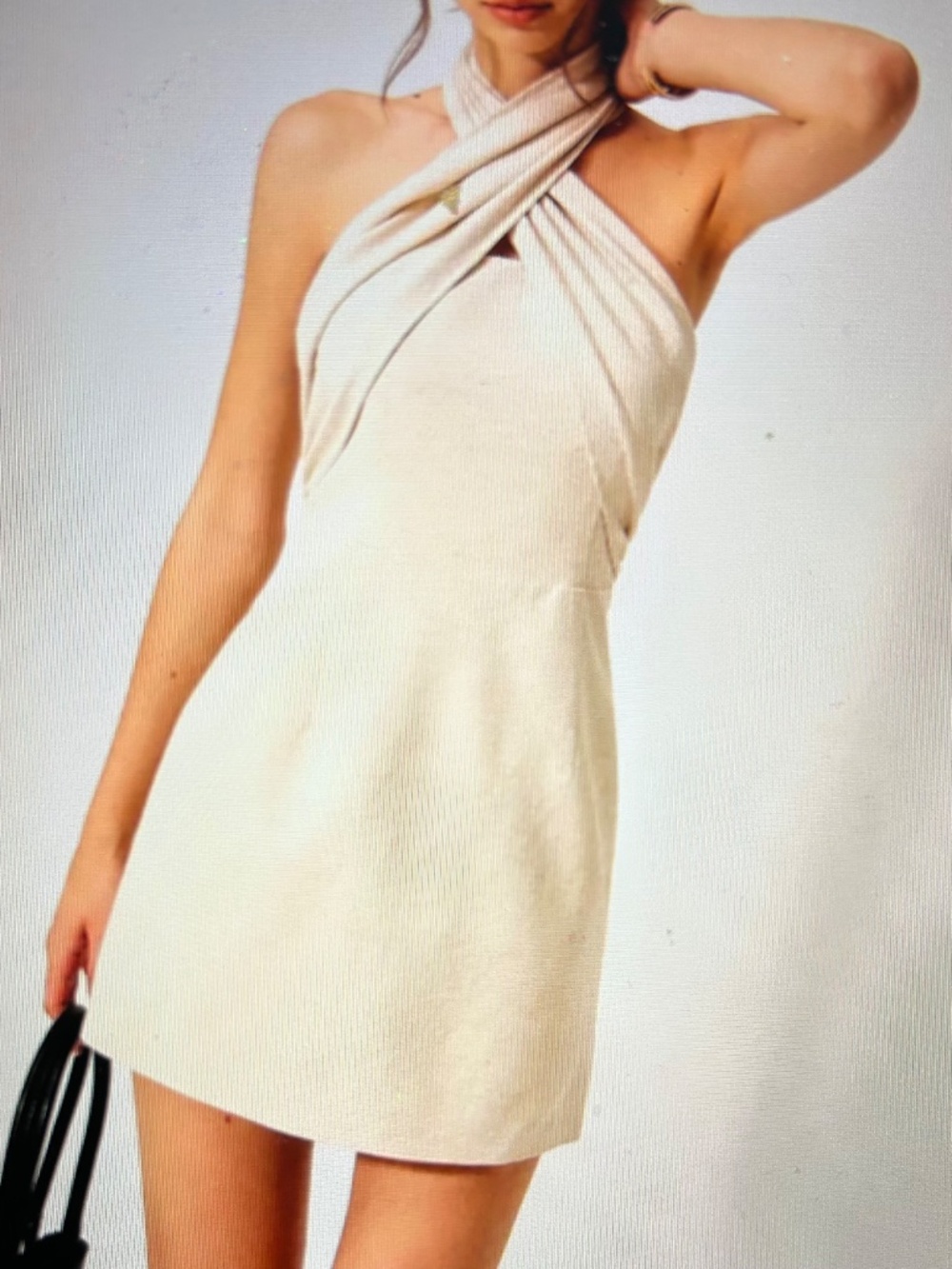 NWT Commense Linen Blend Cross Halter Mini Dress Open Back Beige Small
